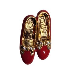 Vintage Gold Ruby Red Slippers Brooch Enamel Rhinestone Bow Dorothy Kitsch Gift